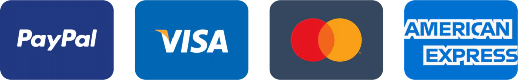 Payment methods: PayPal, Visa, Mastercard, American Express